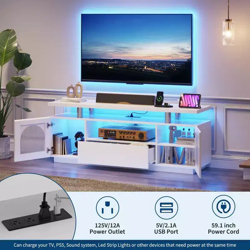 Meuble TV moderne GustoWave pour salon, meuble de divertissement de 59 pouces avec prises de courant et lumières LED, blanc