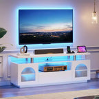 Meuble TV moderne GustoWave pour salon, meuble de divertissement de 59 pouces avec prises de courant et lumières LED, blanc