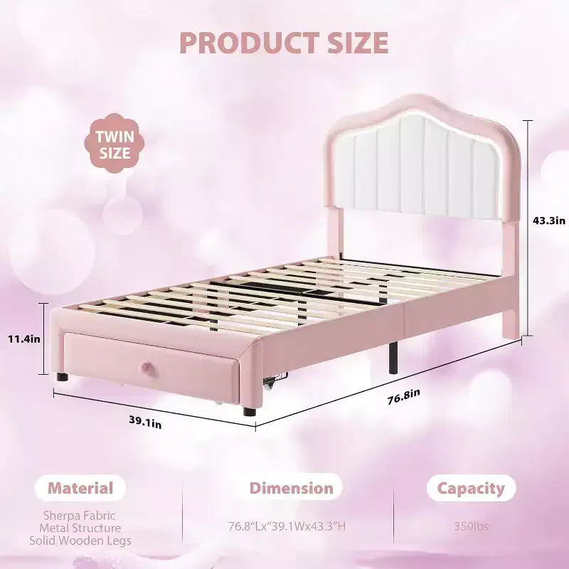 Cadre de lit rembourré avec tiroir de rangement et tête de lit LED intelligente, lit plateforme double pour enfants, support à lattes en bois, pas besoin de sommier tapissier