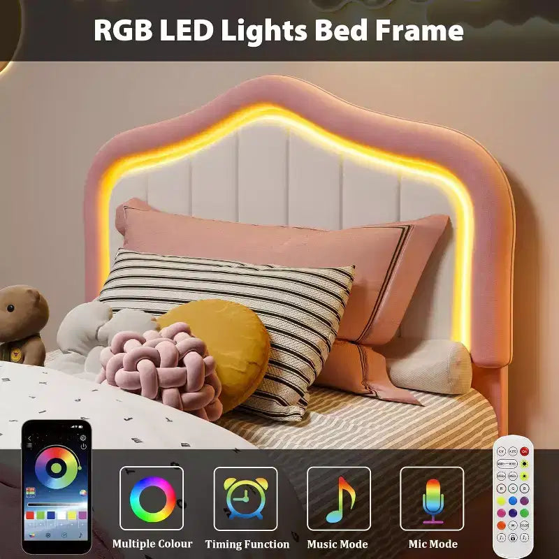 Cadre de lit rembourré avec tiroir de rangement et tête de lit LED intelligente, lit plateforme double pour enfants, support à lattes en bois, pas besoin de sommier tapissier