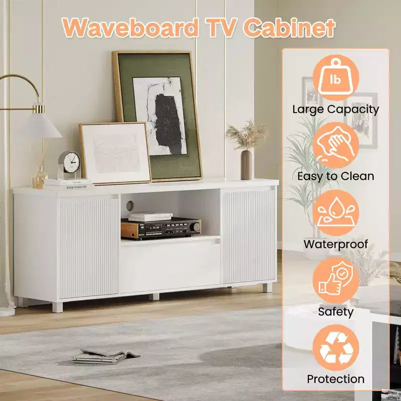 Meuble TV blanc GustoWave pour téléviseurs jusqu'à 70 pouces, console TV en bois avec tiroir et 2 armoires de rangement pour salon, chambre à coucher