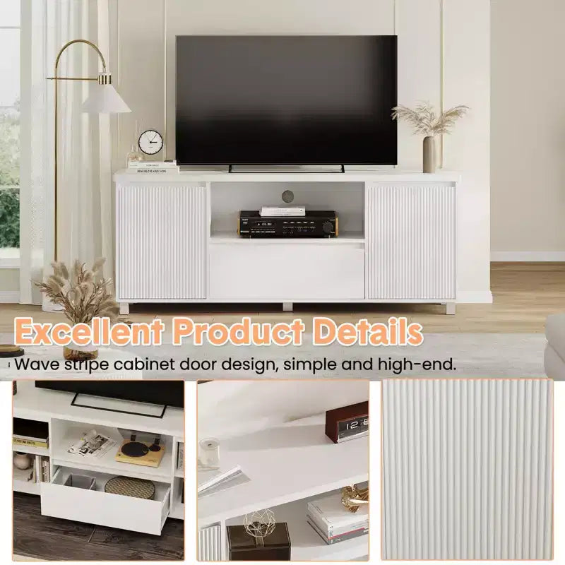 Meuble TV blanc GustoWave pour téléviseurs jusqu'à 70 pouces, console TV en bois avec tiroir et 2 armoires de rangement pour salon, chambre à coucher