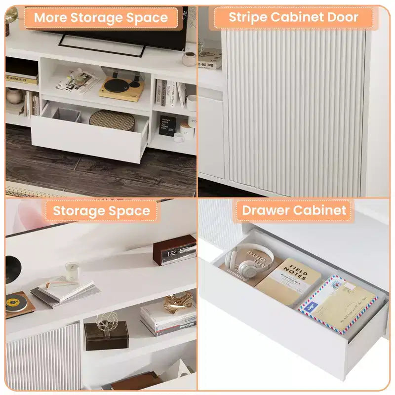 Meuble TV blanc GustoWave pour téléviseurs jusqu'à 70 pouces, console TV en bois avec tiroir et 2 armoires de rangement pour salon, chambre à coucher