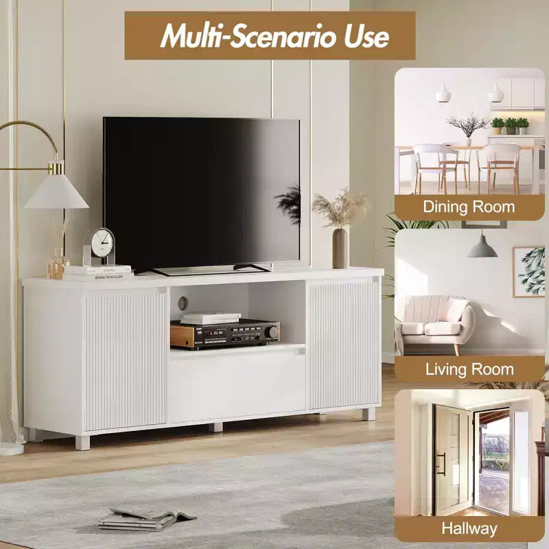 Meuble TV blanc GustoWave pour téléviseurs jusqu'à 70 pouces, console TV en bois avec tiroir et 2 armoires de rangement pour salon, chambre à coucher