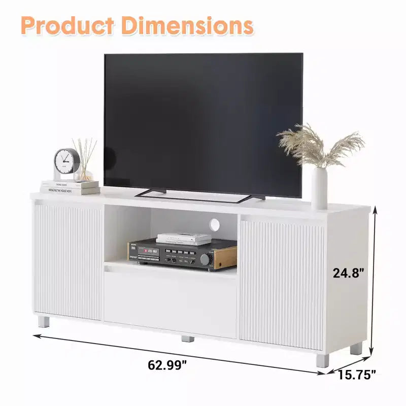 Meuble TV blanc GustoWave pour téléviseurs jusqu'à 70 pouces, console TV en bois avec tiroir et 2 armoires de rangement pour salon, chambre à coucher
