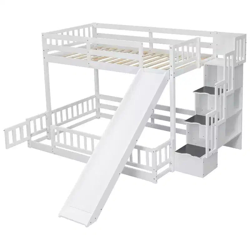 Lit superposé Whisen double sur plein avec toboggan et escalier de rangement