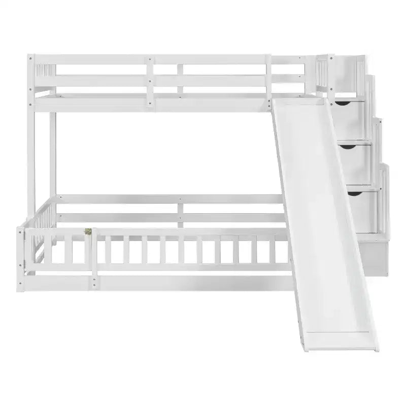 Lit superposé Whisen double sur plein avec toboggan et escalier de rangement