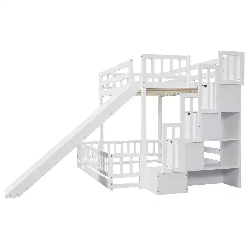 Lit superposé Whisen double sur plein avec toboggan et escalier de rangement