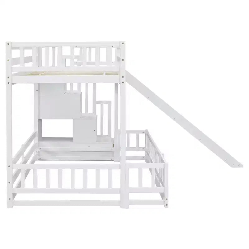 Lit superposé Whisen double sur plein avec toboggan et escalier de rangement