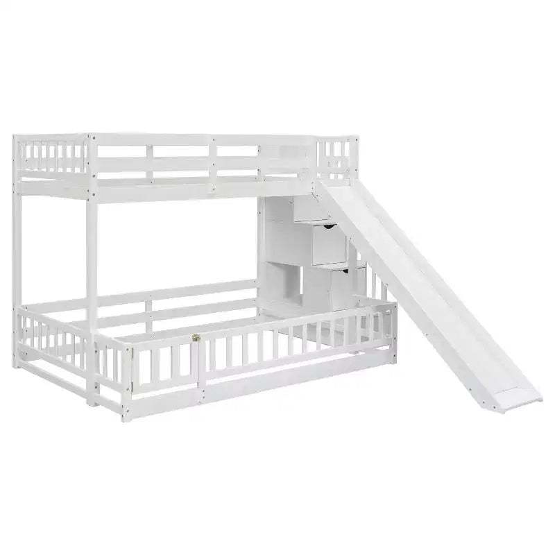 Lit superposé Whisen double sur plein avec toboggan et escalier de rangement