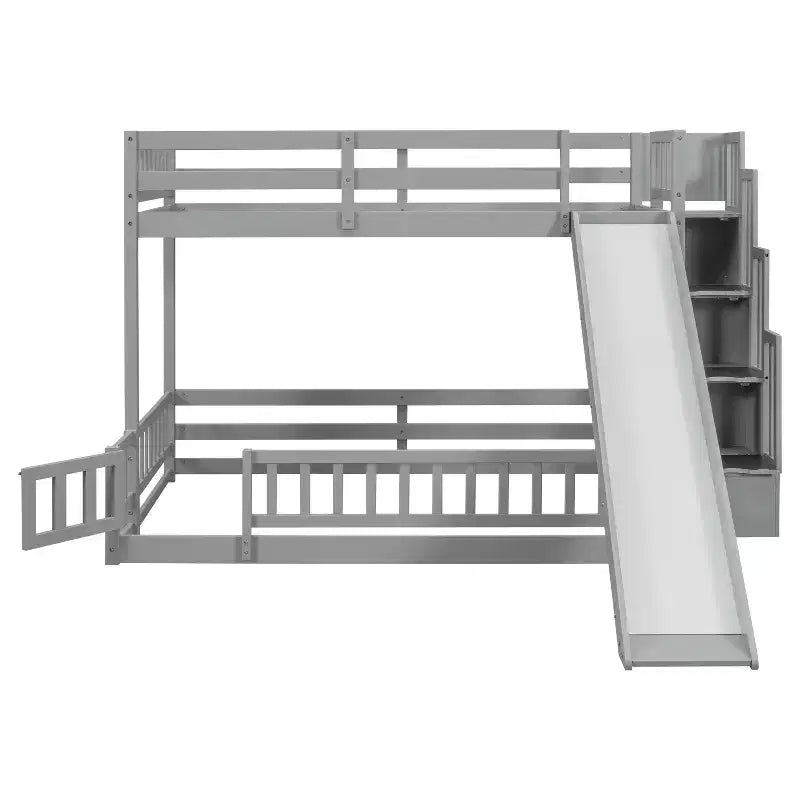 Lit superposé Whisen double sur plein avec toboggan et escalier de rangement
