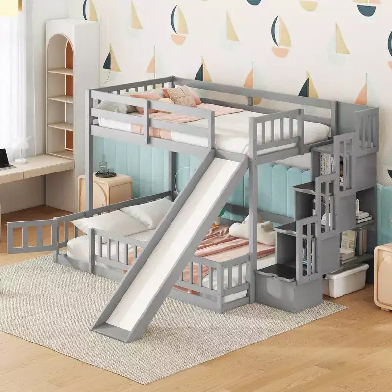 Whisen Twin Over Full Bunk Bed with Slide & Storage Stairs