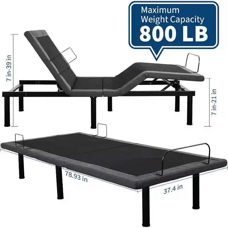 Sommier Articulé avec Massage, Inclinaison Tête et Pieds, 2 Ports USB Intégrés, Veilleuse LED, Télécommande Sans Fil, 4 Pieds Réglables, Noir