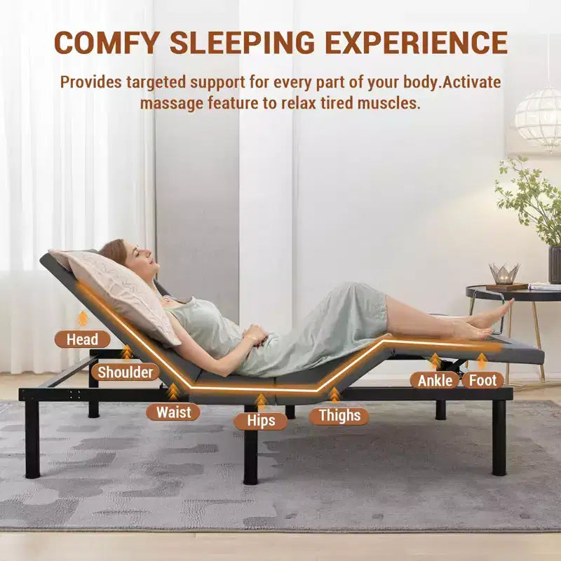Sommier Articulé avec Massage, Inclinaison Tête et Pieds, 2 Ports USB Intégrés, Veilleuse LED, Télécommande Sans Fil, 4 Pieds Réglables, Noir