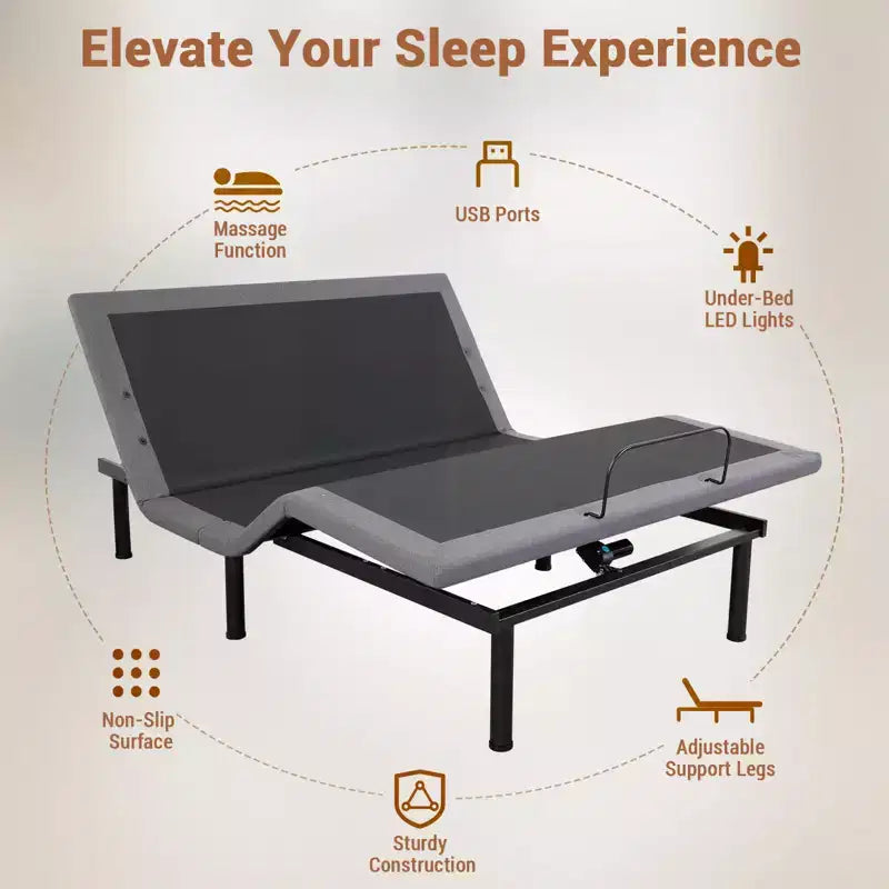 Sommier Articulé avec Massage, Inclinaison Tête et Pieds, 2 Ports USB Intégrés, Veilleuse LED, Télécommande Sans Fil, 4 Pieds Réglables, Noir