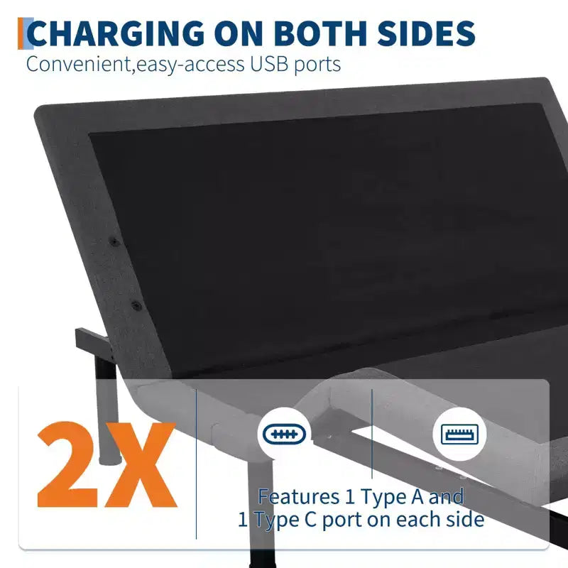 Sommier Articulé avec Massage, Inclinaison Tête et Pieds, 2 Ports USB Intégrés, Veilleuse LED, Télécommande Sans Fil, 4 Pieds Réglables, Noir