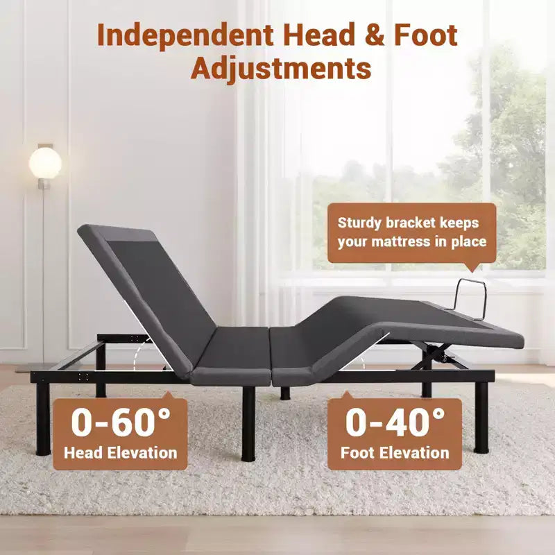 Sommier Articulé avec Massage, Inclinaison Tête et Pieds, 2 Ports USB Intégrés, Veilleuse LED, Télécommande Sans Fil, 4 Pieds Réglables, Noir