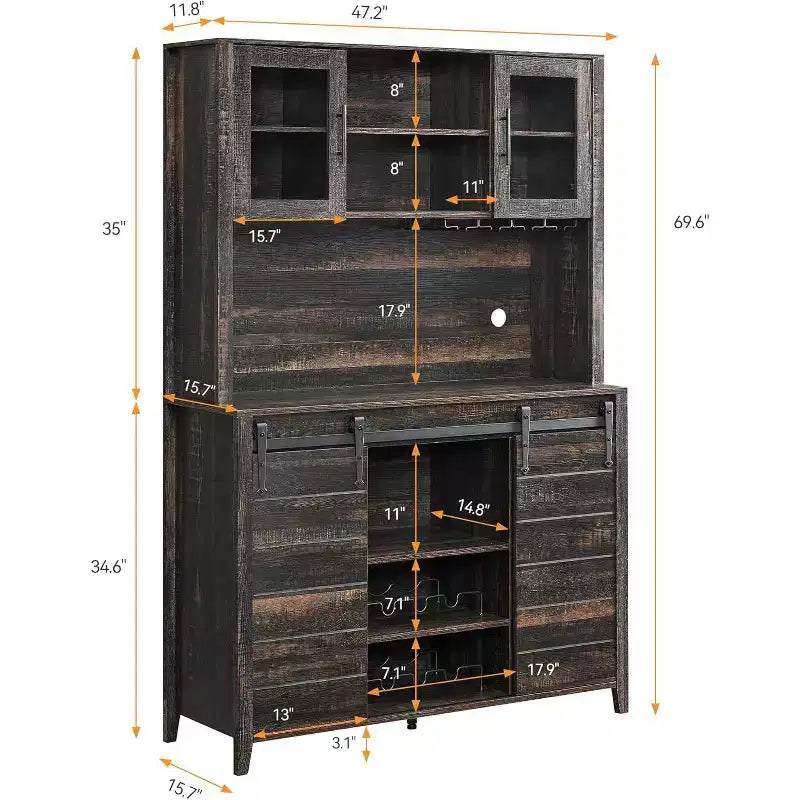 Acekool 70'' Meuble Bar à Café de Ferme, Buffet de Cuisine avec Porte Coulissante Grange, Vaisselier avec Casier à Vin et Range-Verres