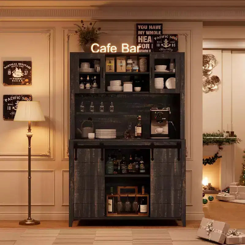 Acekool 70'' Meuble Bar à Café de Ferme, Buffet de Cuisine avec Porte Coulissante Grange, Vaisselier avec Casier à Vin et Range-Verres