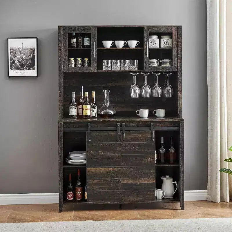 Acekool 70'' Meuble Bar à Café de Ferme, Buffet de Cuisine avec Porte Coulissante Grange, Vaisselier avec Casier à Vin et Range-Verres