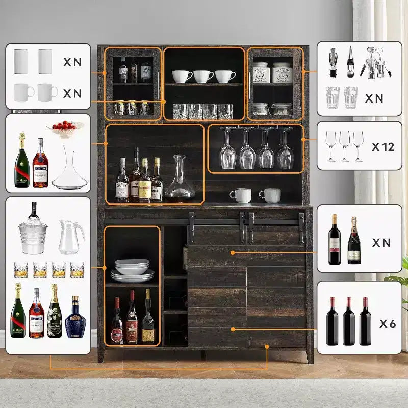 Acekool 70'' Meuble Bar à Café de Ferme, Buffet de Cuisine avec Porte Coulissante Grange, Vaisselier avec Casier à Vin et Range-Verres