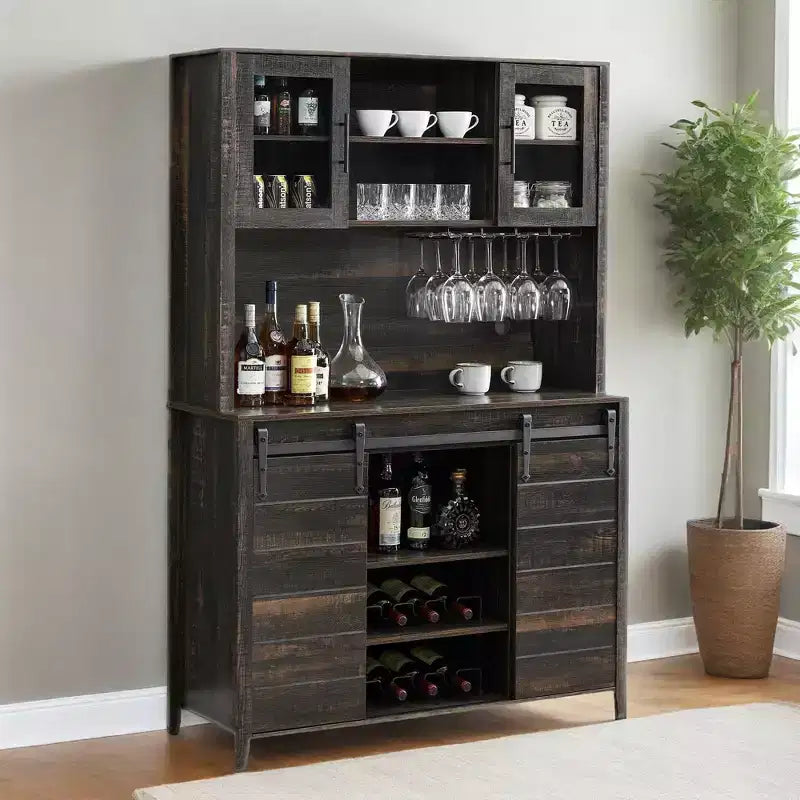 Acekool 70'' Meuble Bar à Café de Ferme, Buffet de Cuisine avec Porte Coulissante Grange, Vaisselier avec Casier à Vin et Range-Verres