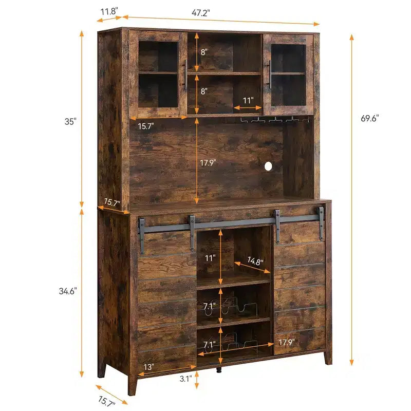 Acekool 70'' Meuble Bar à Café de Ferme, Buffet de Cuisine avec Porte Coulissante Grange, Vaisselier avec Casier à Vin et Range-Verres