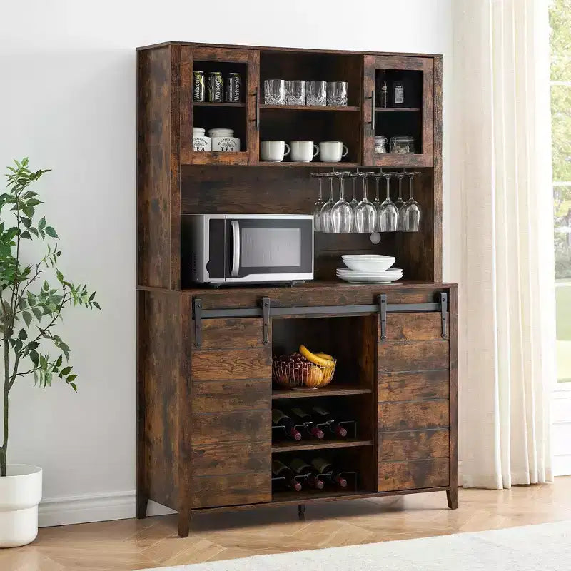Acekool 70'' Meuble Bar à Café de Ferme, Buffet de Cuisine avec Porte Coulissante Grange, Vaisselier avec Casier à Vin et Range-Verres