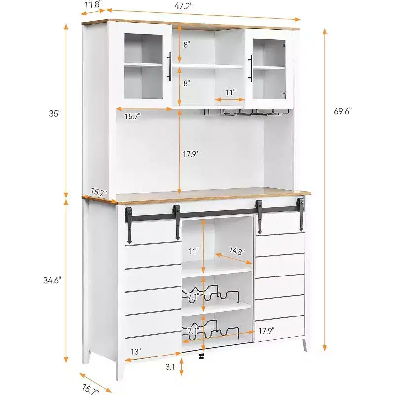 Acekool 70'' Meuble Bar à Café de Ferme, Buffet de Cuisine avec Porte Coulissante Grange, Vaisselier avec Casier à Vin et Range-Verres