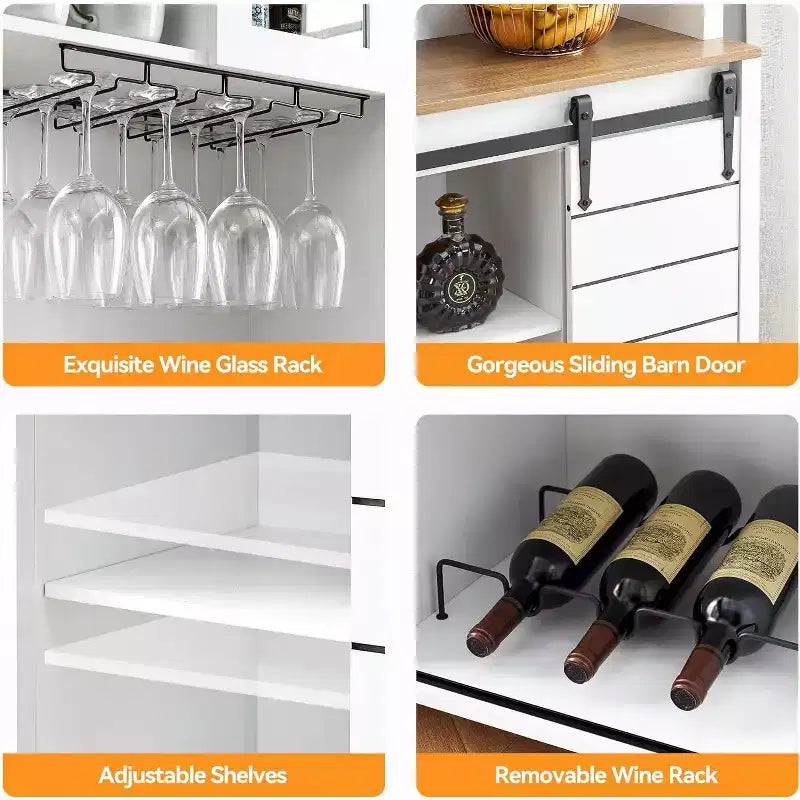 Acekool 70'' Meuble Bar à Café de Ferme, Buffet de Cuisine avec Porte Coulissante Grange, Vaisselier avec Casier à Vin et Range-Verres