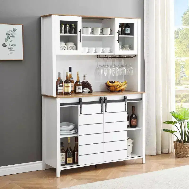 Acekool 70'' Meuble Bar à Café de Ferme, Buffet de Cuisine avec Porte Coulissante Grange, Vaisselier avec Casier à Vin et Range-Verres