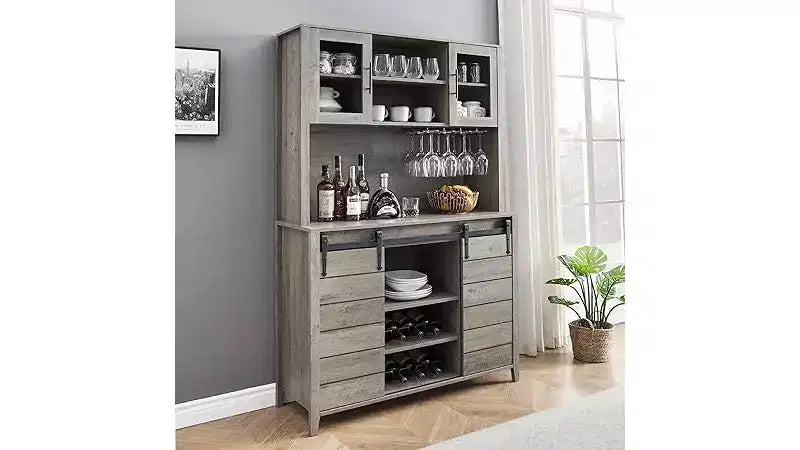 Acekool 70'' Meuble Bar à Café de Ferme, Buffet de Cuisine avec Porte Coulissante Grange, Vaisselier avec Casier à Vin et Range-Verres