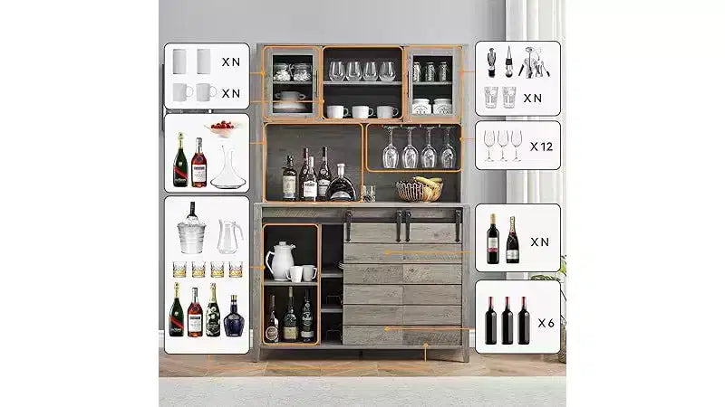 Acekool 70'' Meuble Bar à Café de Ferme, Buffet de Cuisine avec Porte Coulissante Grange, Vaisselier avec Casier à Vin et Range-Verres