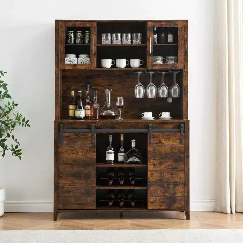 Acekool 70'' Meuble Bar à Café de Ferme, Buffet de Cuisine avec Porte Coulissante Grange, Vaisselier avec Casier à Vin et Range-Verres