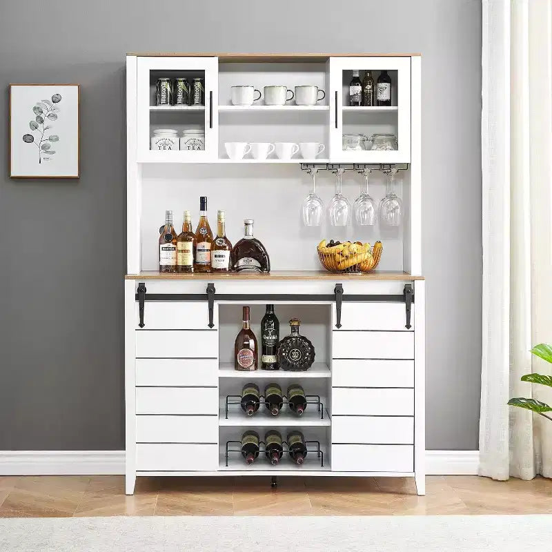 Acekool 70'' Meuble Bar à Café de Ferme, Buffet de Cuisine avec Porte Coulissante Grange, Vaisselier avec Casier à Vin et Range-Verres