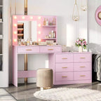 61 Coiffeuse Rose avec Miroir et Lumières, 8 Tiroirs de Rangement, 2 Étagères, LED Réglable 3 Modes, MDF Robuste pour Chambre