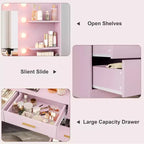 61 Coiffeuse Rose avec Miroir et Lumières, 8 Tiroirs de Rangement, 2 Étagères, LED Réglable 3 Modes, MDF Robuste pour Chambre
