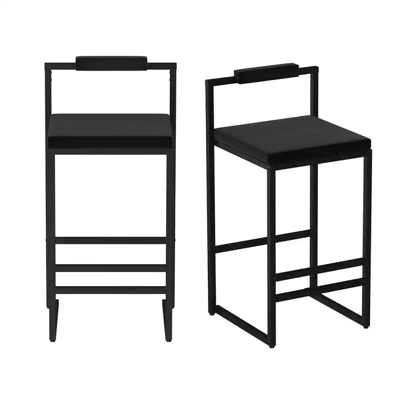 MAYEERTY Lot de 2 tabourets de bar modernes en velours, hauteur comptoir avec repose-pieds et dossier, noirs, pour cuisine