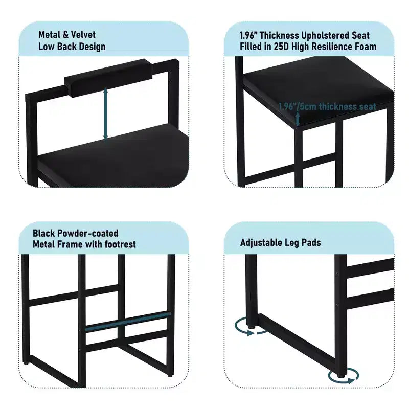 MAYEERTY Lot de 2 tabourets de bar modernes en velours, hauteur comptoir avec repose-pieds et dossier, noirs, pour cuisine