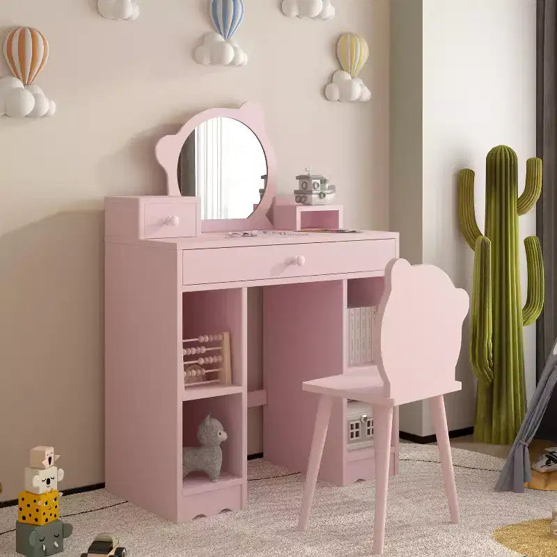 Coiffeuse pour enfants, ensemble coiffeuse et tabouret de princesse 2 en 1, miroir et tabouret en forme d'ours, coiffeuse pour enfants pour salle de jeux et chambre à coucher