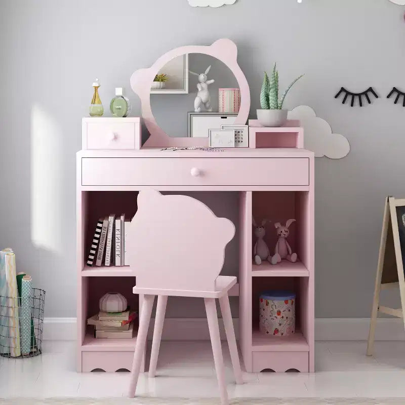 Coiffeuse pour enfants, ensemble coiffeuse et tabouret de princesse 2 en 1, miroir et tabouret en forme d'ours, coiffeuse pour enfants pour salle de jeux et chambre à coucher