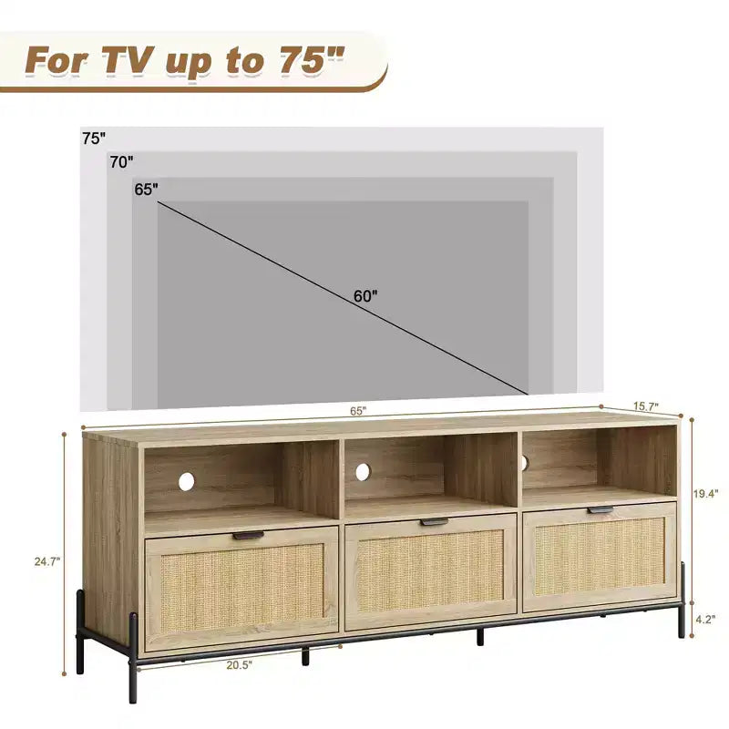 Meuble TV en rotin GustoWave pour téléviseurs jusqu'à 75 pouces, meuble de divertissement moderne du milieu du siècle avec étagère ouverte et 3 tiroirs pour le salon