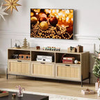 Meuble TV en rotin GustoWave pour téléviseurs jusqu'à 75 pouces, meuble de divertissement moderne du milieu du siècle avec étagère ouverte et 3 tiroirs pour le salon