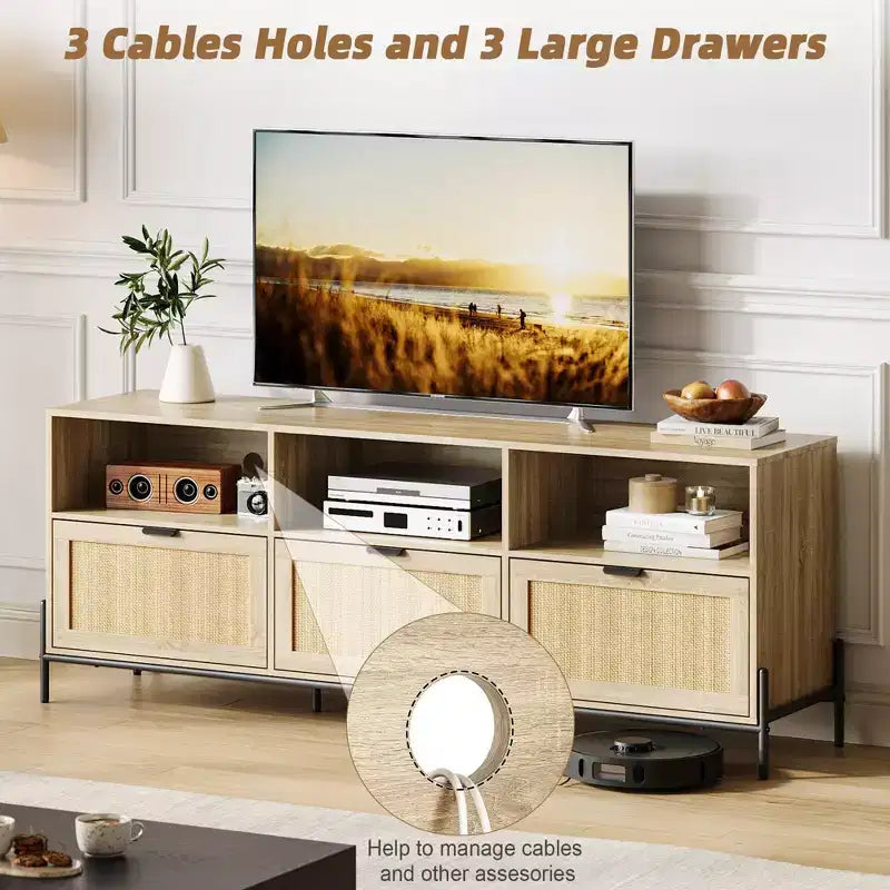 Meuble TV en rotin GustoWave pour téléviseurs jusqu'à 75 pouces, meuble de divertissement moderne du milieu du siècle avec étagère ouverte et 3 tiroirs pour le salon
