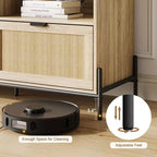 Meuble TV en rotin GustoWave pour téléviseurs jusqu'à 75 pouces, meuble de divertissement moderne du milieu du siècle avec étagère ouverte et 3 tiroirs pour le salon