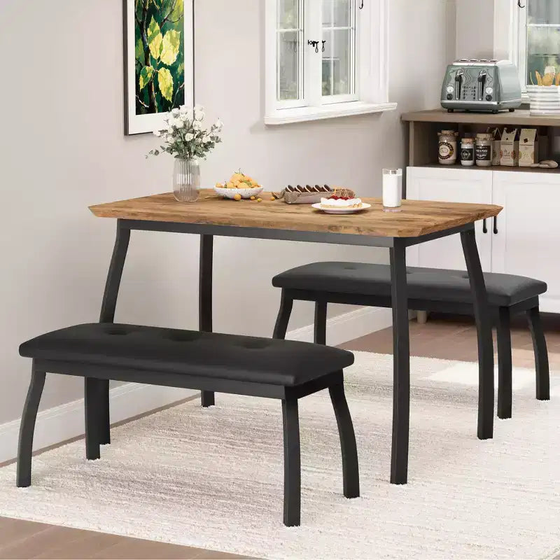 Ensemble de salle à manger 3 pièces, ensemble de table à manger pour 4 personnes avec design chanfreiné et pieds en métal, mobilier de cuisine à cadre métallique avec 2 bancs rembourrés