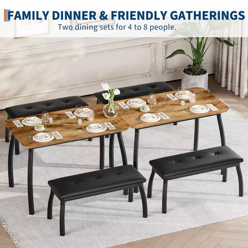Ensemble de salle à manger 3 pièces, ensemble de table à manger pour 4 personnes avec design chanfreiné et pieds en métal, mobilier de cuisine à cadre métallique avec 2 bancs rembourrés