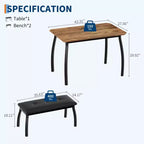 Ensemble de salle à manger 3 pièces, ensemble de table à manger pour 4 personnes avec design chanfreiné et pieds en métal, mobilier de cuisine à cadre métallique avec 2 bancs rembourrés