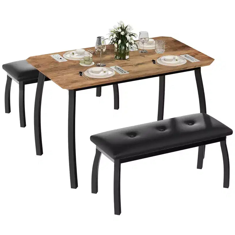 Ensemble de salle à manger 3 pièces, ensemble de table à manger pour 4 personnes avec design chanfreiné et pieds en métal, mobilier de cuisine à cadre métallique avec 2 bancs rembourrés