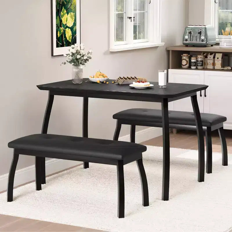 Ensemble de salle à manger 3 pièces, ensemble de table à manger pour 4 personnes avec design chanfreiné et pieds en métal, mobilier de cuisine à cadre métallique avec 2 bancs rembourrés